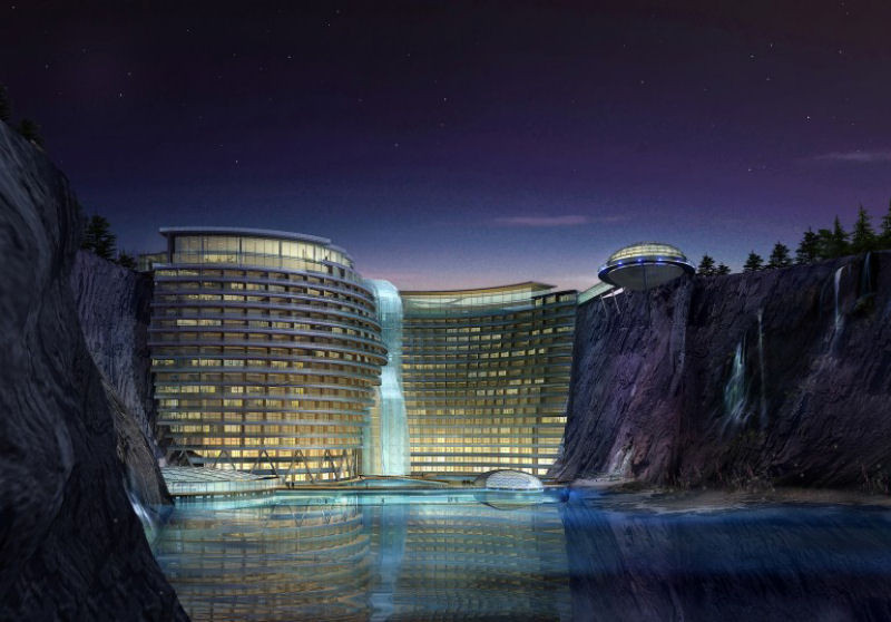 A incrível construção de um hotel encravado em um fosso na China  01