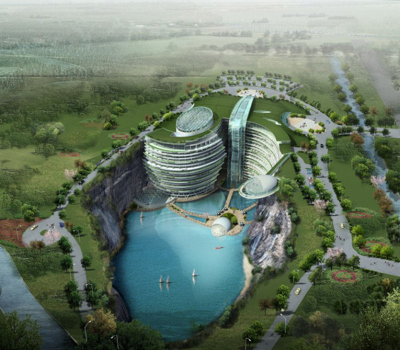 A incrível construção de um hotel encravado em um fosso na China  02