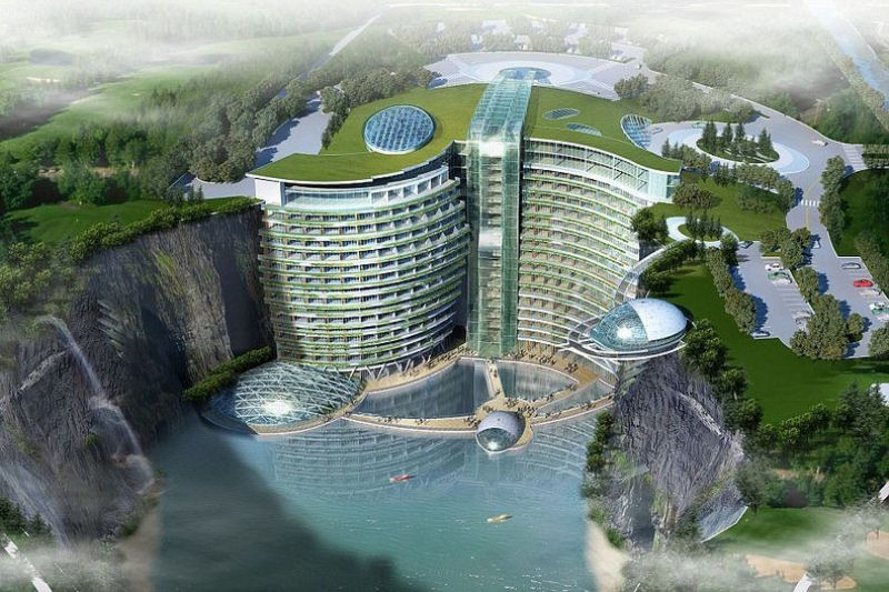 A incrível construção de um hotel encravado em um fosso na China  04