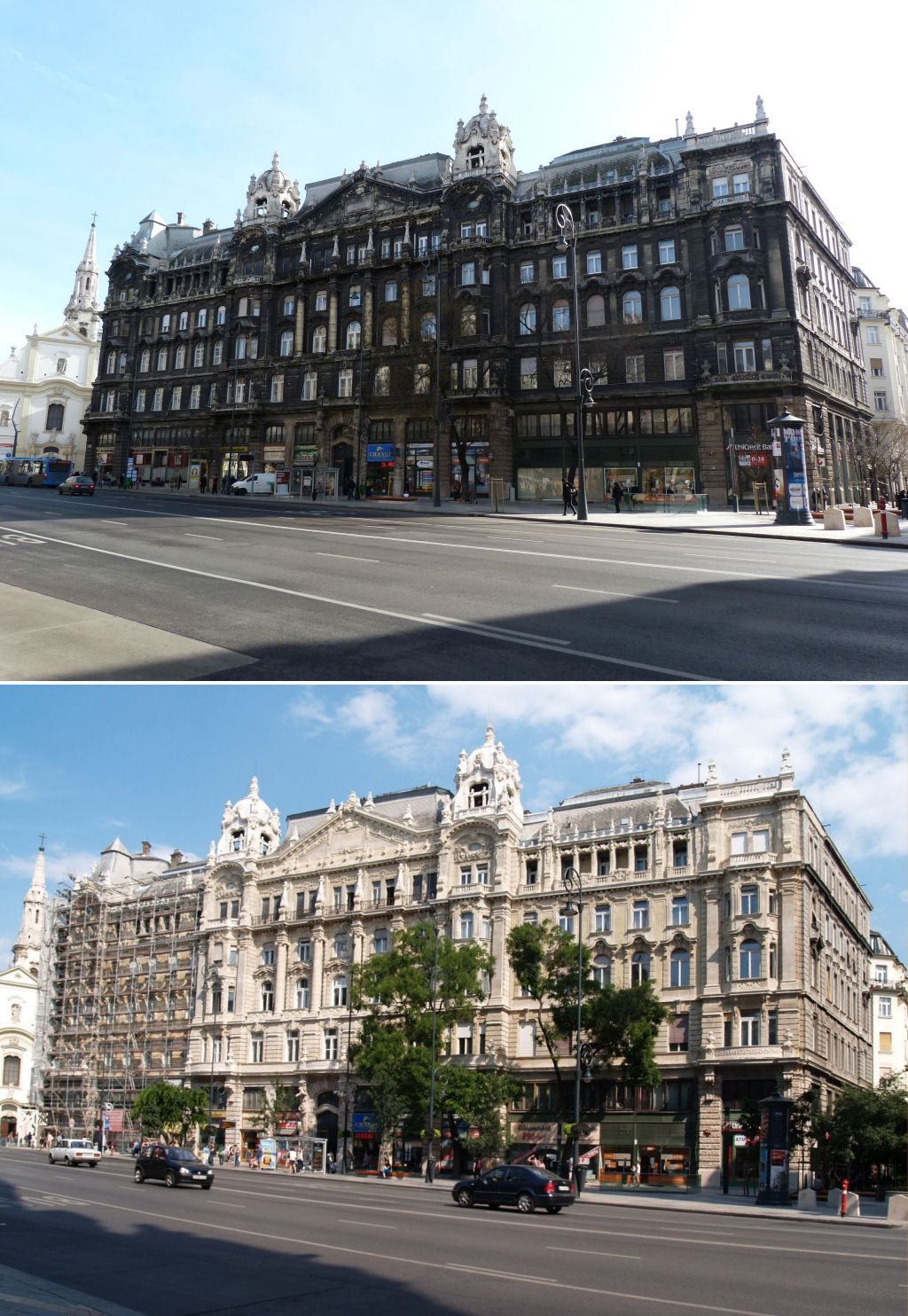 Antes e depois de décadas de poeira retirada de um prédio em Budapeste.