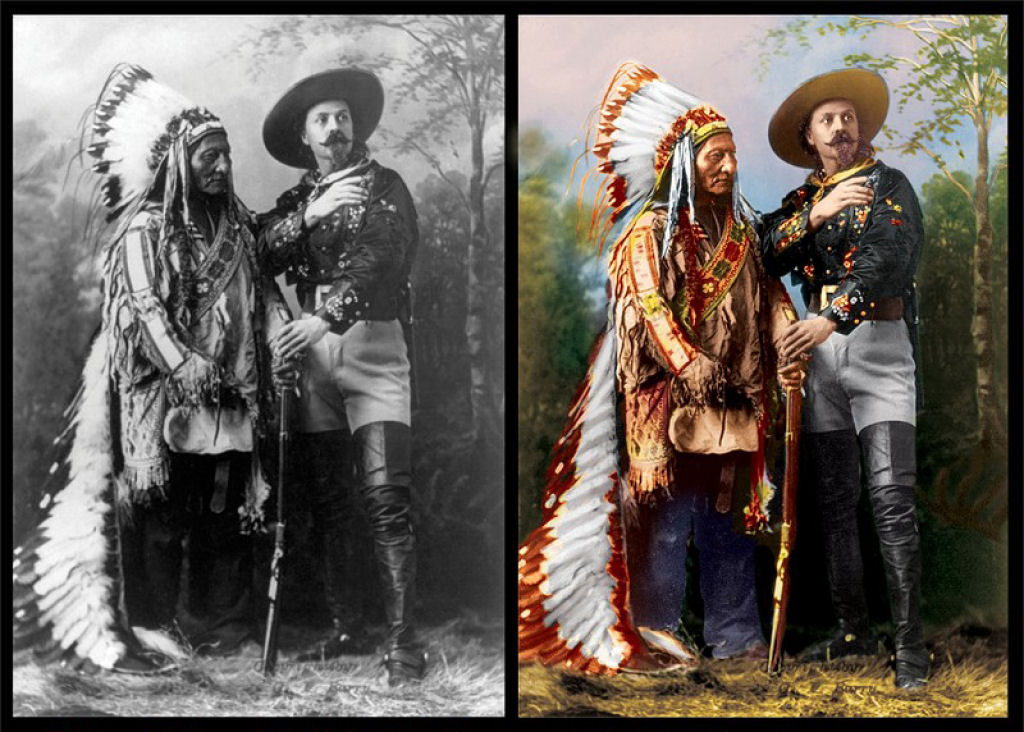 Touro sentado e Buffalo Bill em 1885.