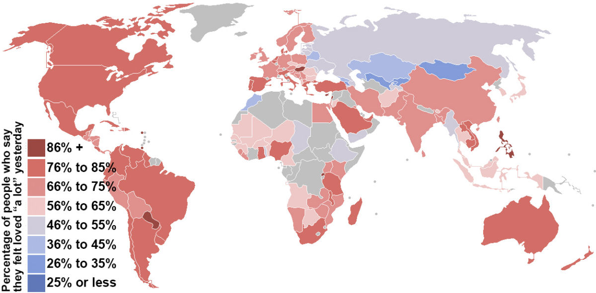 Um mapa mundial do amor indica países onde as pessoas se sentem mais, e menos, amadas