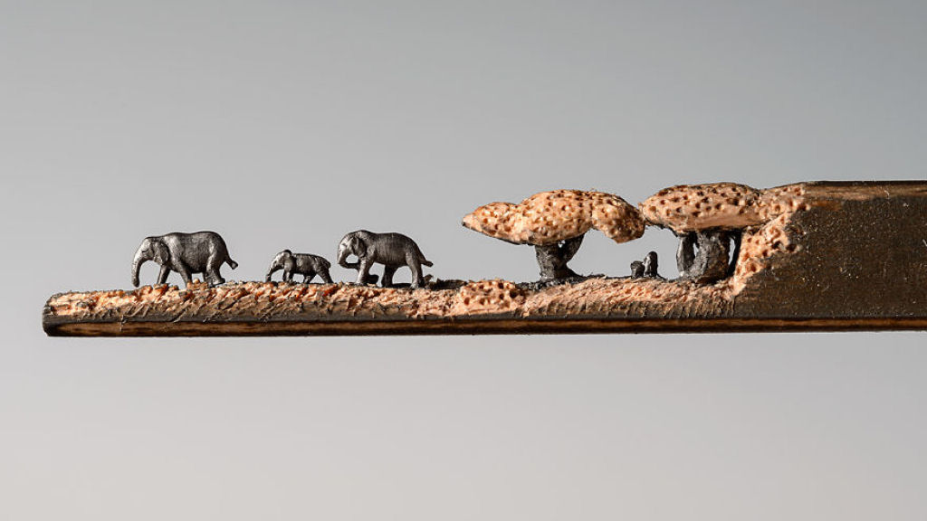 Manada de elefantes esculpida em lpis por Cindy Chinn 09