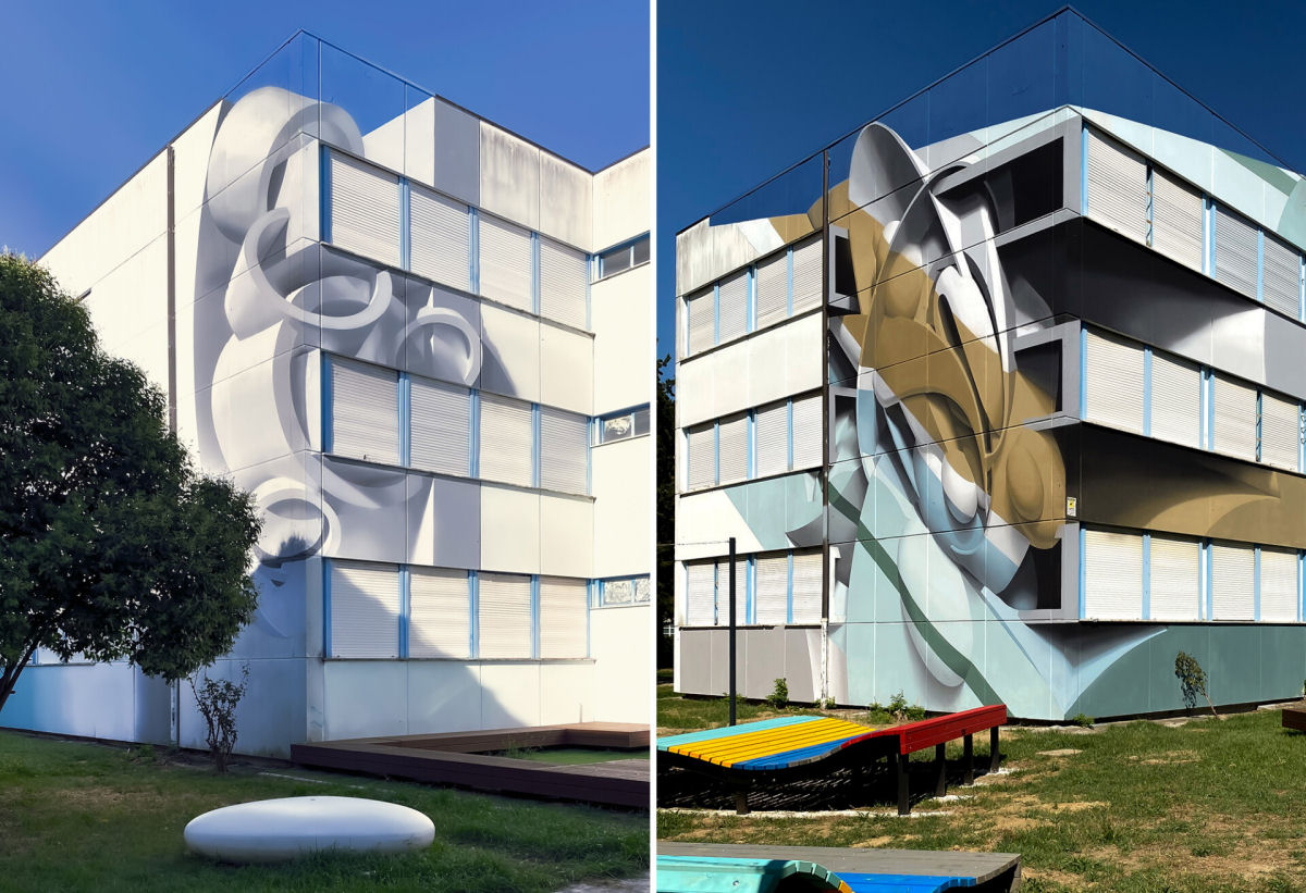 Formas geométricas e ilusões tridimensionais interrompem a arquitetura em murais anamórficos 08