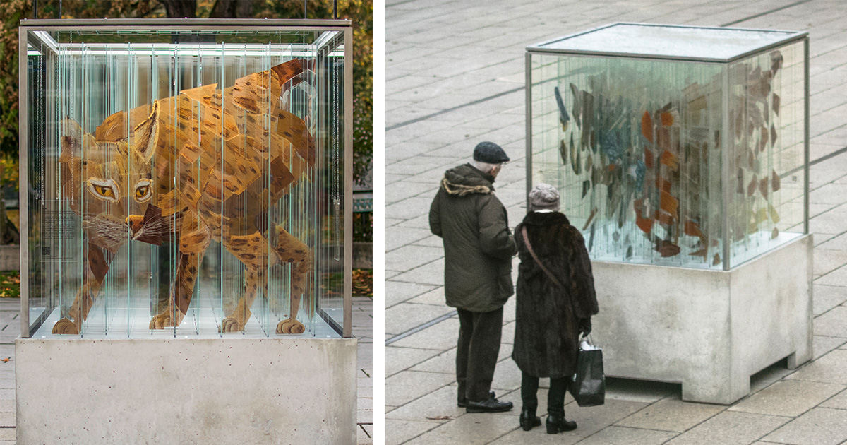 Animais em extinção se dissolvem e remontam em escultura de vidro anamórfica 01