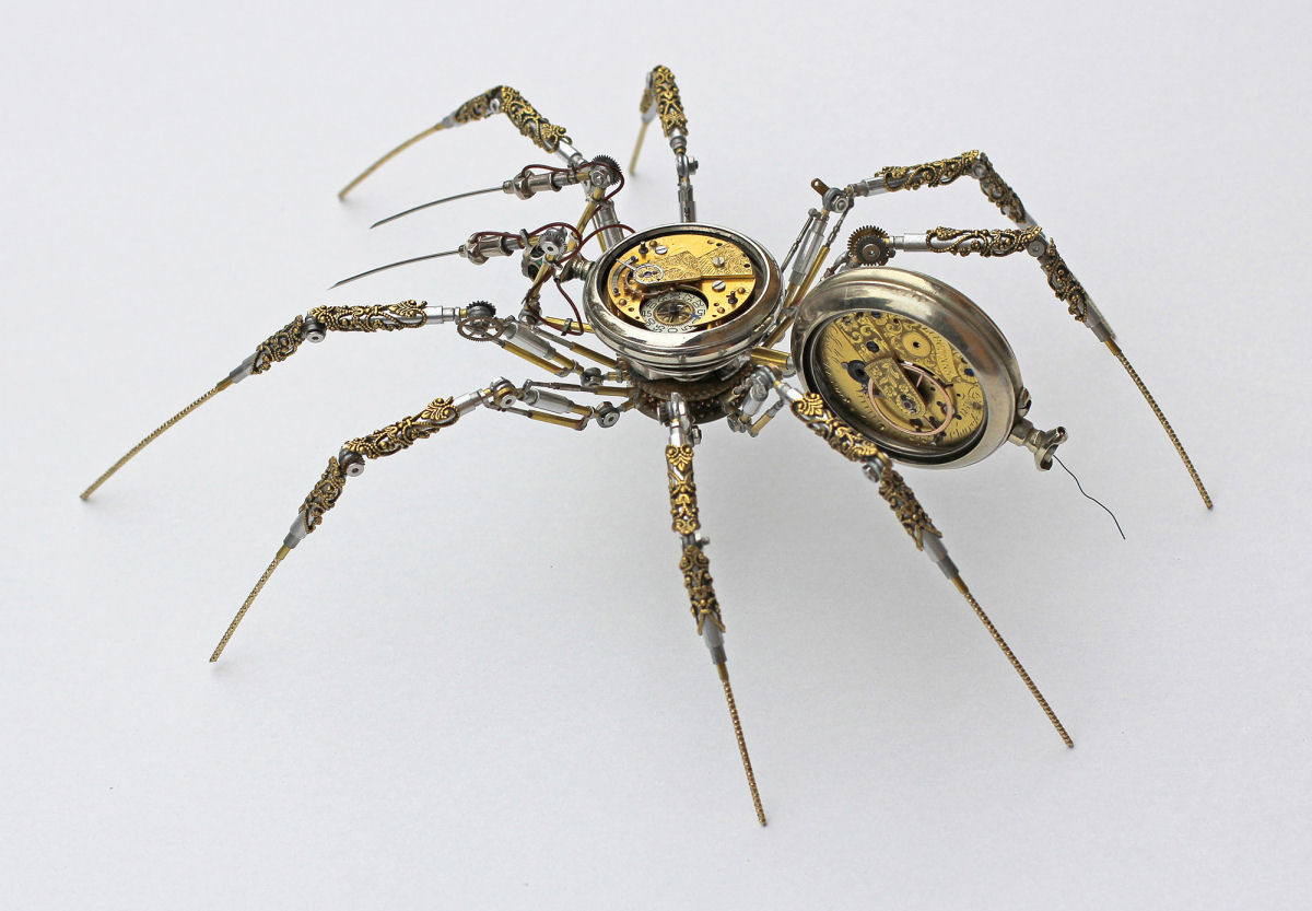 Artista húngaro cria meticulosas aranhas Steampunk com peças de relógios, câmeras e equipamentos médicos antigos 01