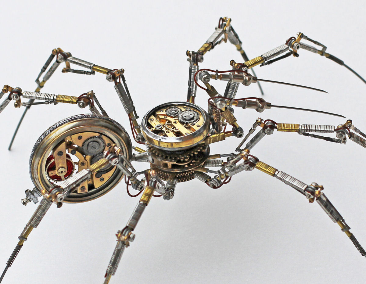 Artista húngaro cria meticulosas aranhas Steampunk com peças de relógios, câmeras e equipamentos médicos antigas 03