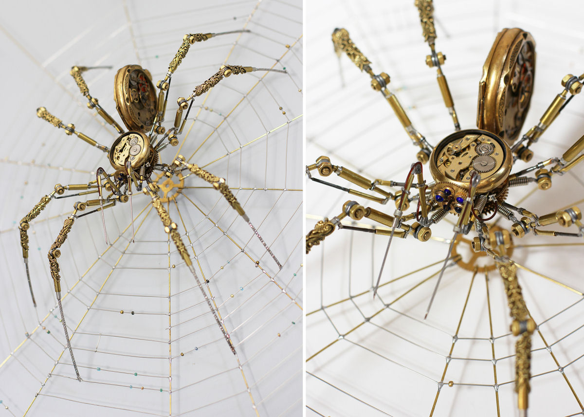 Artista húngaro cria meticulosas aranhas Steampunk com peças de relógios, câmeras e equipamentos médicos antigas 05