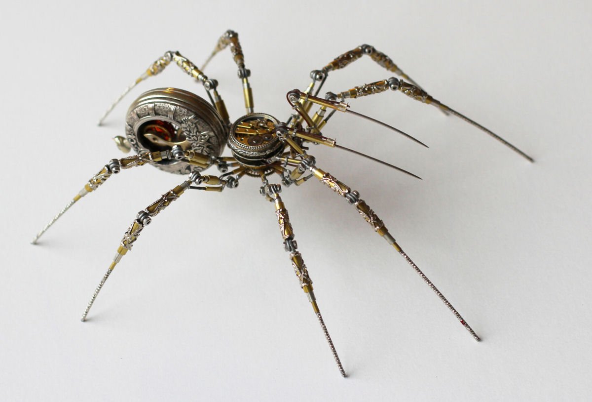 Artista húngaro cria meticulosas aranhas Steampunk com peças de relógios, câmeras e equipamentos médicos antigos 06