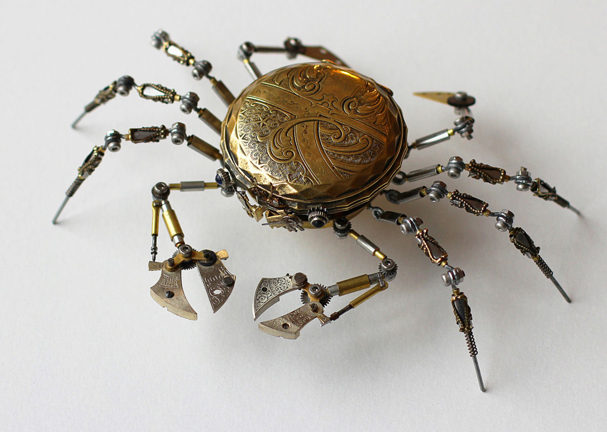 Artista húngaro cria meticulosas aranhas Steampunk com peças de relógios, câmeras e equipamentos médicos antigos 07