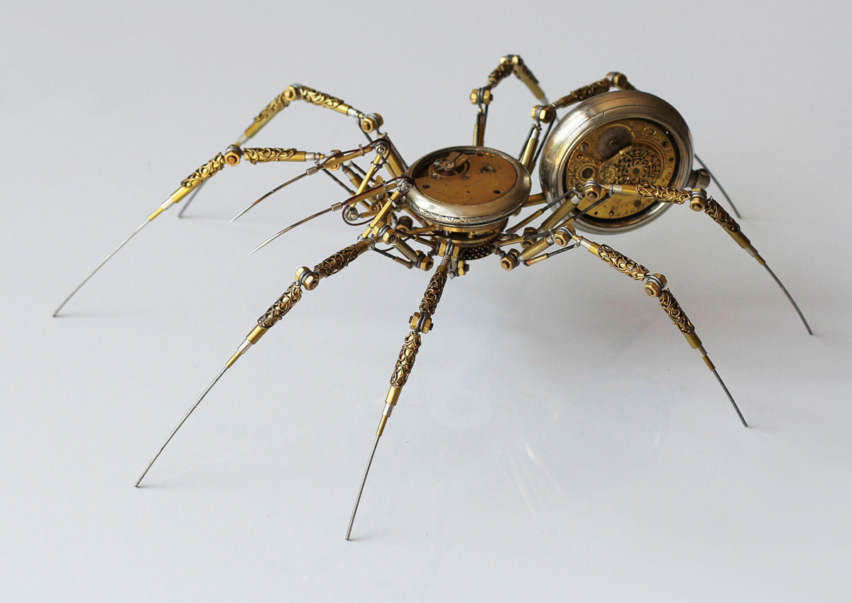 Artista húngaro cria meticulosas aranhas Steampunk com peças de relógios, câmeras e equipamentos médicos antigos 08