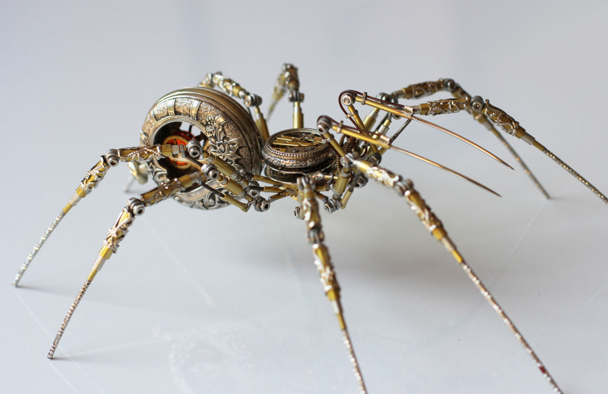 Artista húngaro cria meticulosas aranhas Steampunk com peças de relógios, câmeras e equipamentos médicos antigos 09