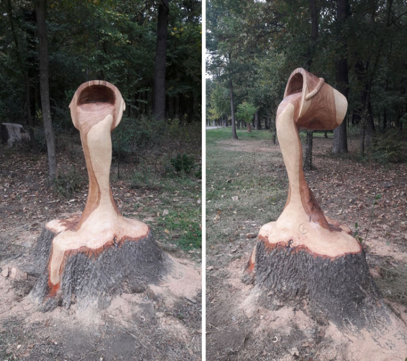 Artista da motosserra transforma toco de árvore em ilusão de balde derramando água 01