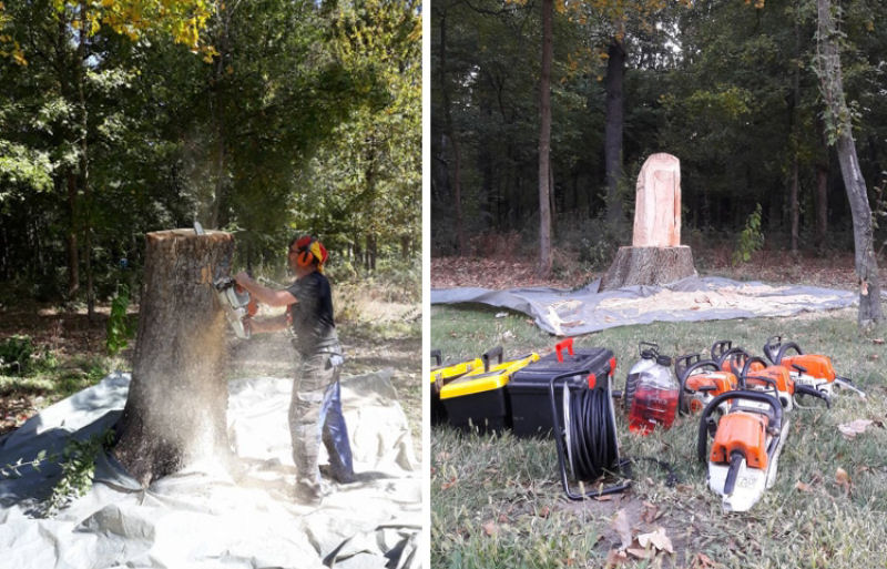 Artista da motosserra transforma toco de árvore em ilusão de balde derramando água 02