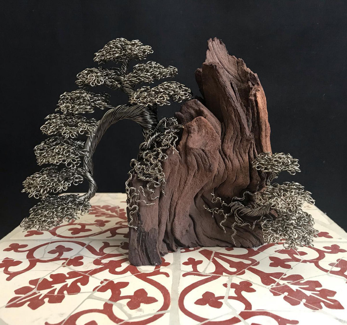 Artista tece árvores de bonsai complexas com fio de cobre e alumínio