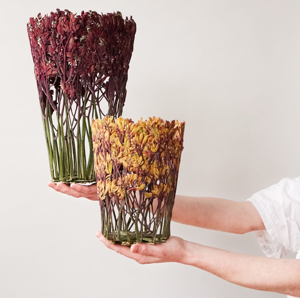 Delicados vasos escultóricos moldados com flores secas e prensadas 01