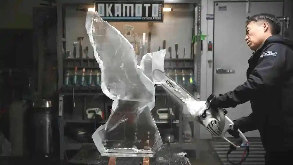 Artista esculpe intrincada escultura de cacatua em gelo