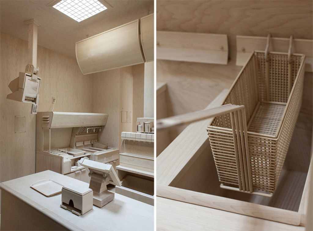 Artista esculpe uma cozinha de lanchonete incrivelmente precisa exclusivamente de madeira 05