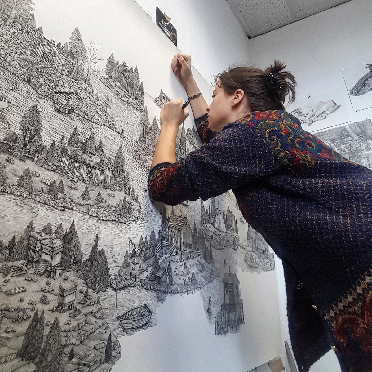 Desenhos com caneta monumentalmente detalhados que combinam paisagens reais e imaginadas por Olivia Kemp 01