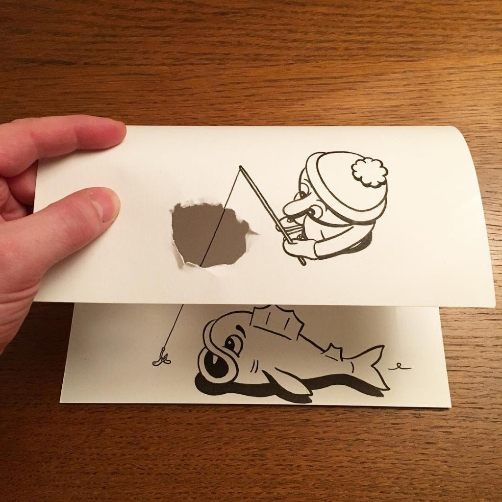 Divertidos doodles tridimensionais criados com dobras e rasgos em papel 01