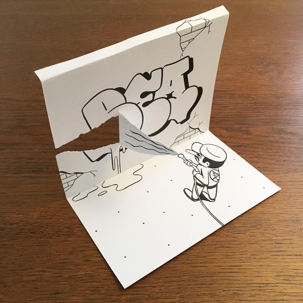 Divertidos doodles tridimensionais criados com dobras e rasgos em papel 04