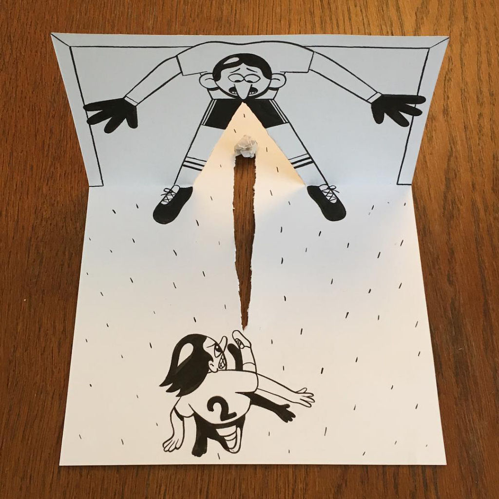 Divertidos doodles tridimensionais criados com dobras e rasgos em papel 10