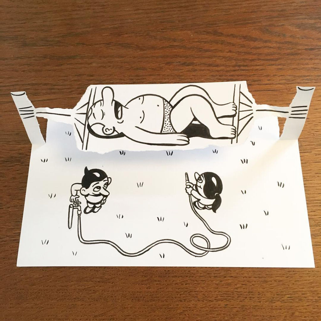 Divertidos doodles tridimensionais criados com dobras e rasgos em papel 15