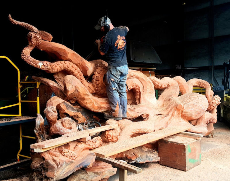 Artista usa sequoia vermelha cada para esculpir um polvo gigante com motosserra  10