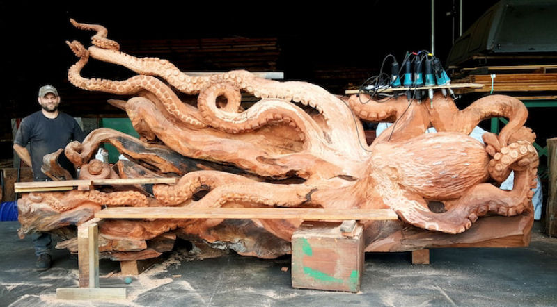 Artista usa sequoia vermelha cada para esculpir um polvo gigante com motosserra  12