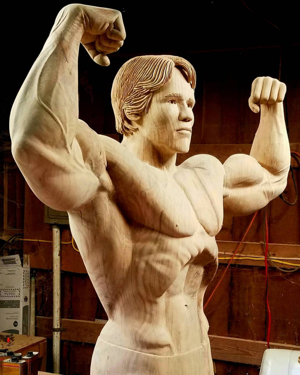 Artista esculpe incrvel escultura em tamanho natural de Schwarzenegger com um nico tronco de rvore 05