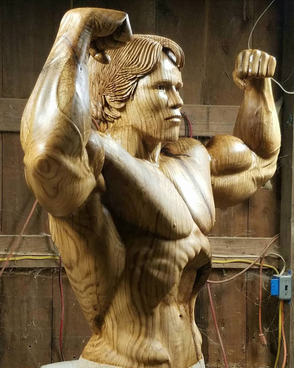 Artista esculpe incrvel escultura em tamanho natural de Schwarzenegger com um nico tronco de rvore 08