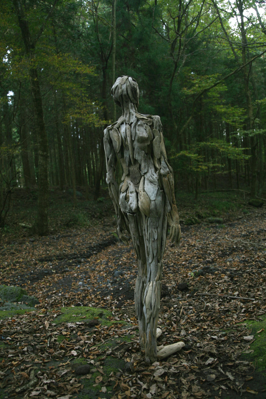 As inquietantes esculturas feitas com detrito de madeira no meio de bosque pelo japons Nagato Iwasaki 14