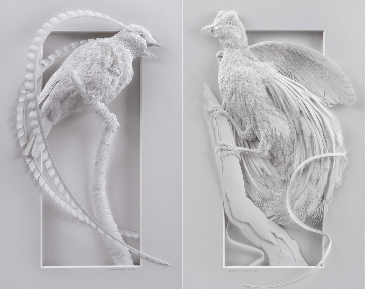 Delicadas esculturas de papel em camadas de pssaros e outros animais 00