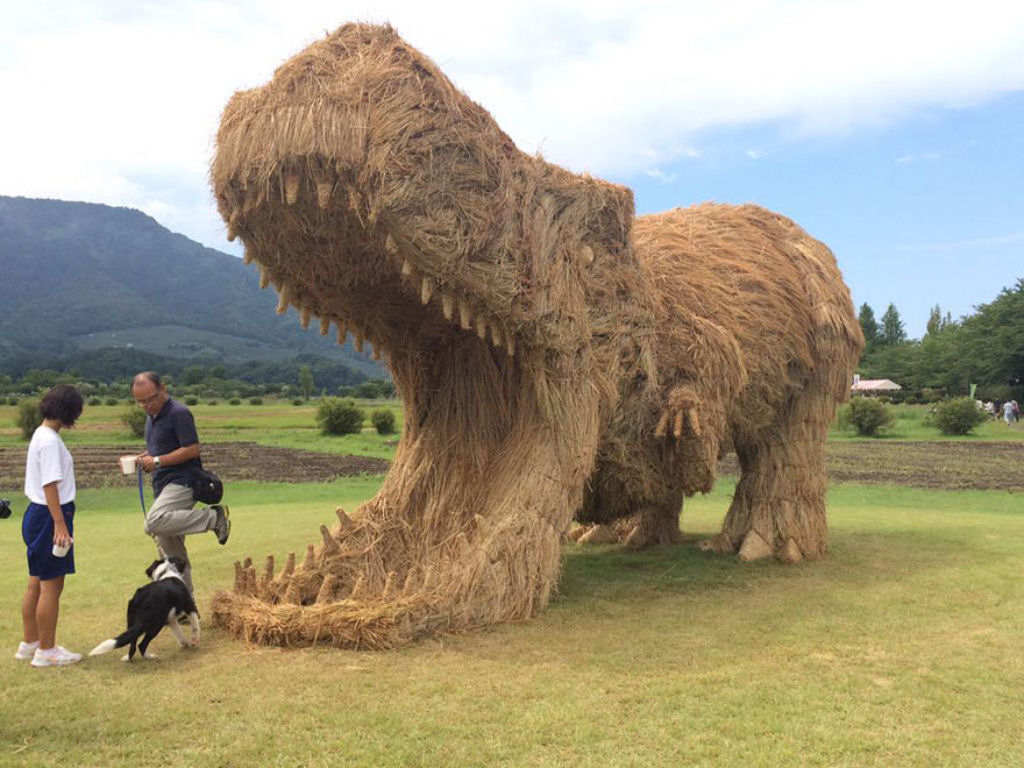Enormes dinossauros de palha invadem os campos japoneses depois da colheita de arroz 01
