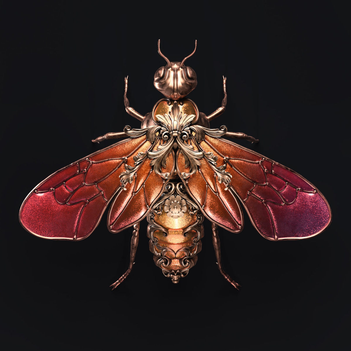 Ornamentadas ilustrações digitais de insetos incrustados com joias 06