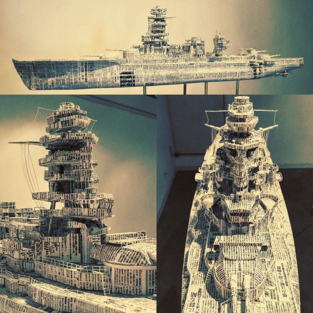 As maquetes intrincadas de navios de guerra feitas com jornais antigos 09