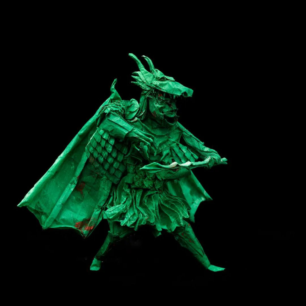 Artista do origami cria uma escultura de caador de drages a partir de uma nica folha de papel 03