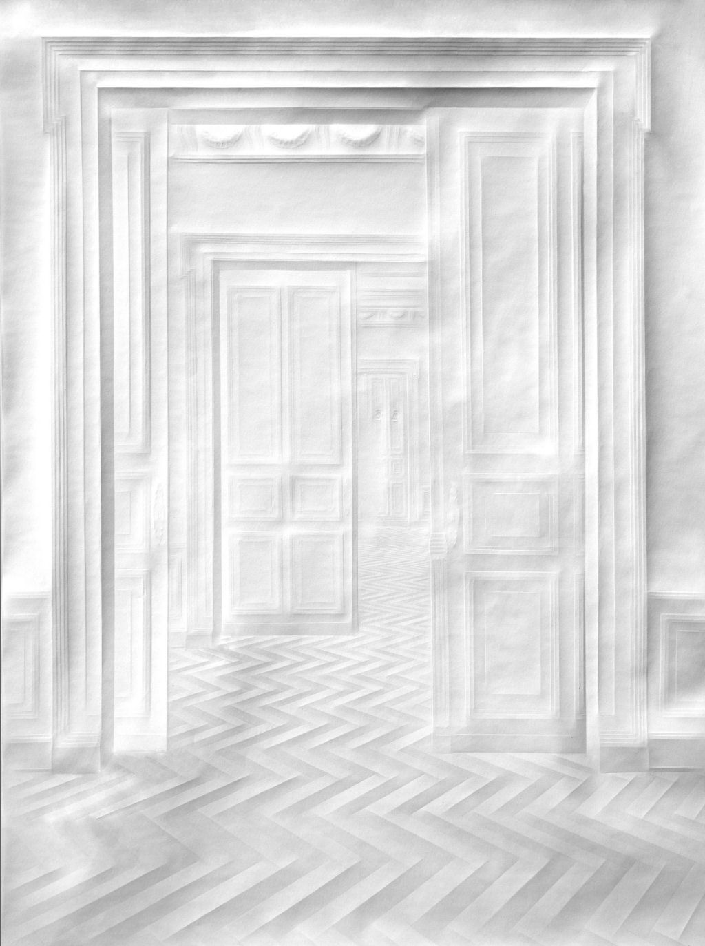 Dobras meticulosas formam espaos ornamentados e labirnticos com relevos no papel 03
