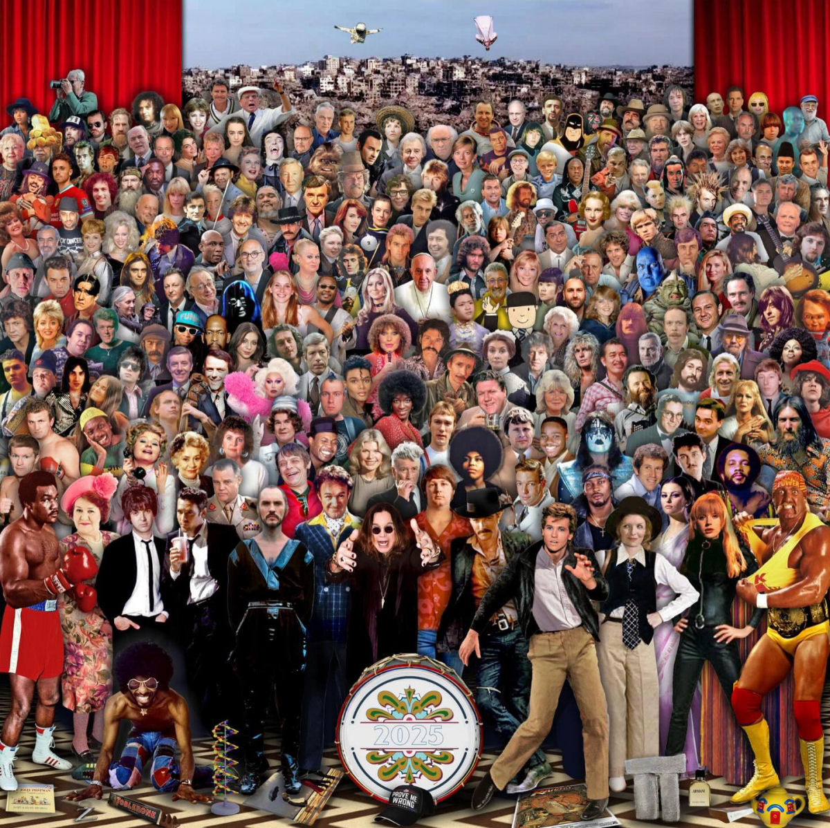 A montagem com o tema do �lbum Sgt. Pepper's, homenageando celebridades que faleceram em 2025