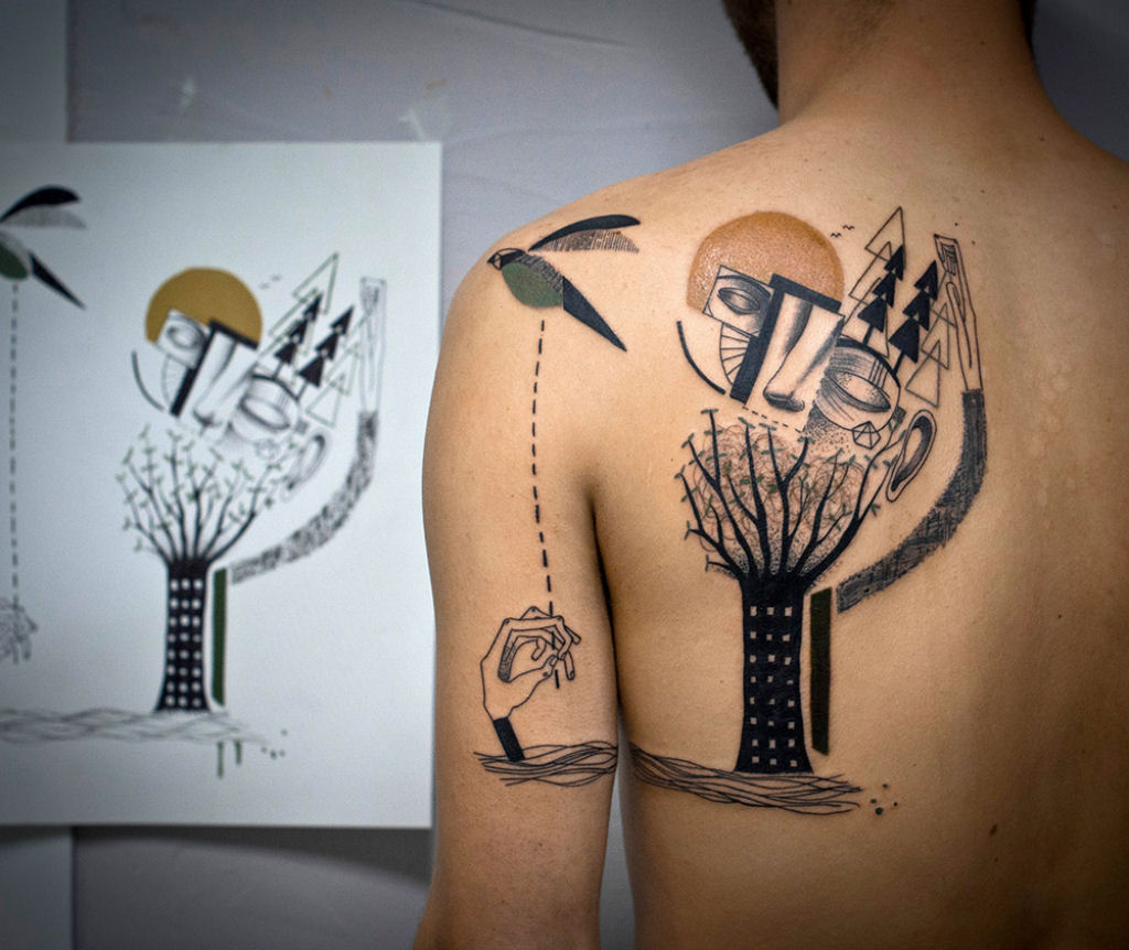 Tatuagens combinam figuras fragmentadas e detalhes geométricos em composições surreais 09