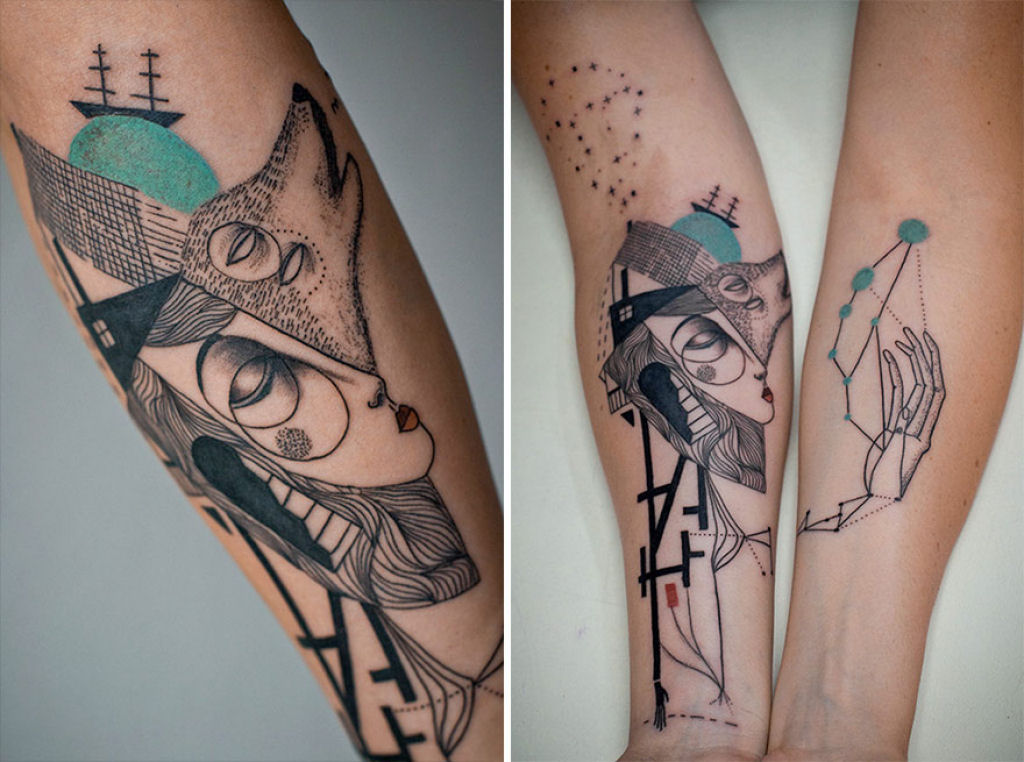 Duo de artistas cria tatuagens cubistas surreais baseadas nas histórias dos clientes 07