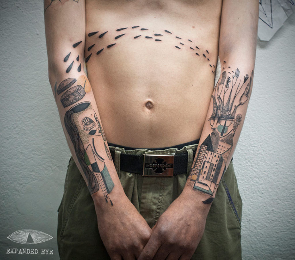 Duo de artistas cria tatuagens cubistas surreais baseadas nas histórias dos clientes 08