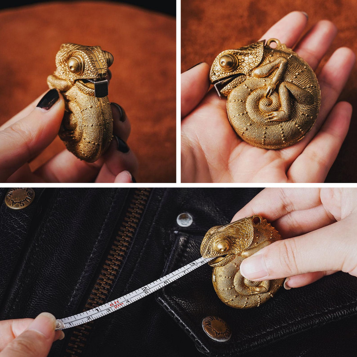 Mini escultura em forma de camaleão oculta uma trena de 1m80 em sua boca