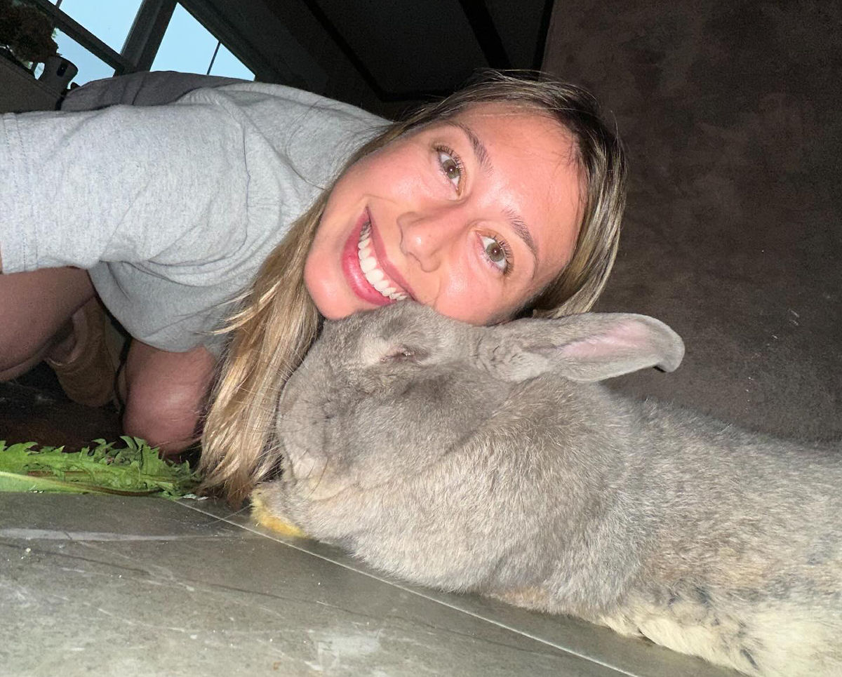 Coelho resgatado cumprimenta sua dona na porta como um co