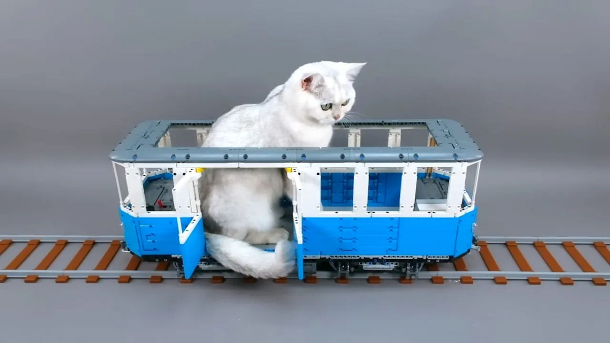 Um trem LEGO projetado para transportar gatos