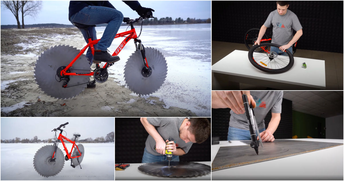 Youtuber substitui as rodas de sua bicicleta por lâminas gigantes de serra circular para atravessar o gelo