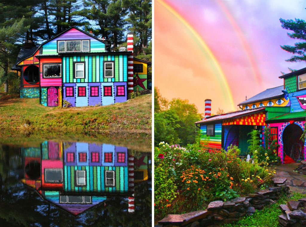 Artista transforma uma cabana sombria em uma casa que parece um arco-ris psicodlico 14