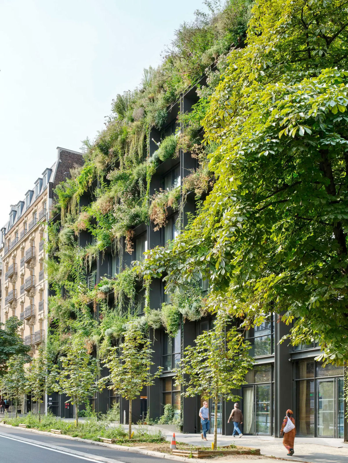 Um jardim vertical luxuriante brota de uma fachada minimalista repleta de janelas em Paris 02