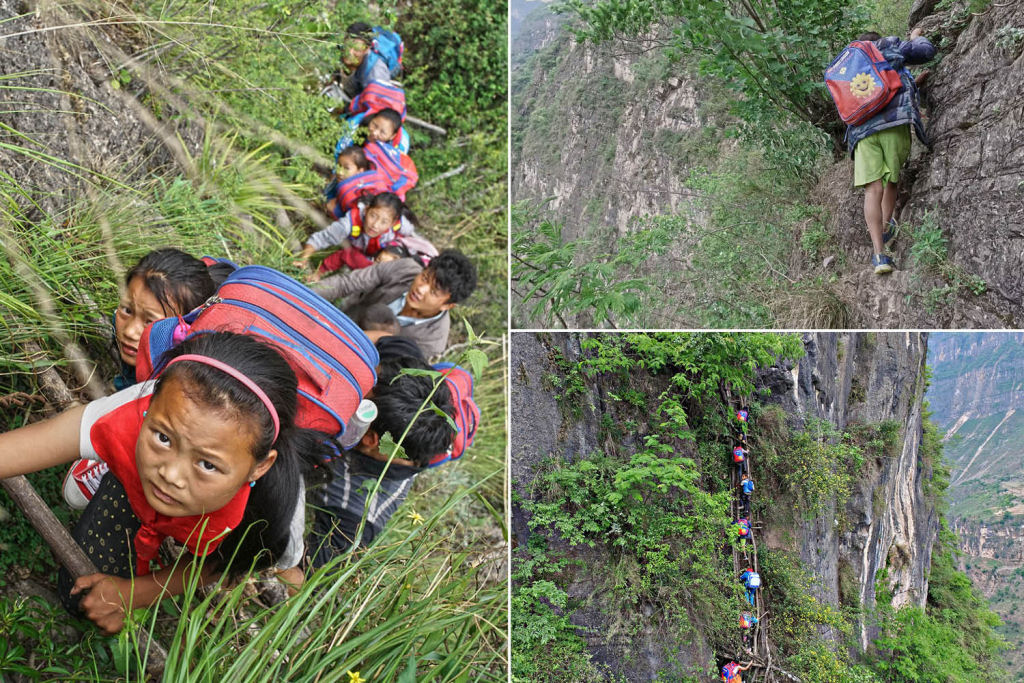 Crianças escalaminham um despenhadeiro de mil metros para ir à escola 01