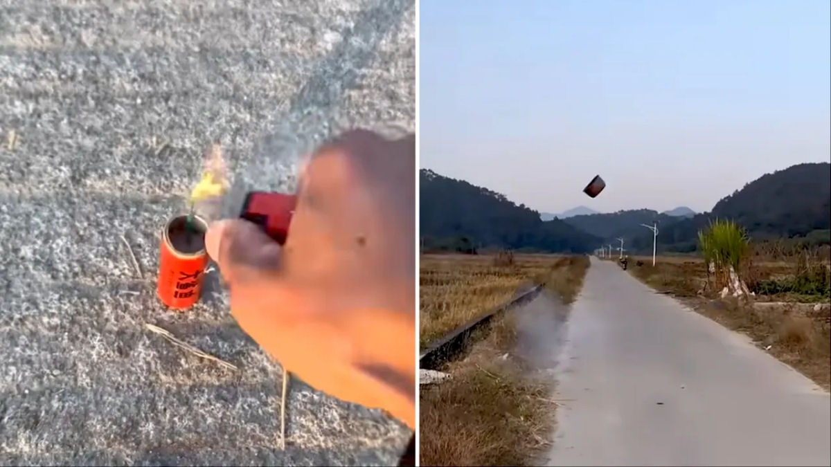 Homem acende fogos de artifício cada vez maiores sob uma panela para fazê-la voar cada vez mais alto